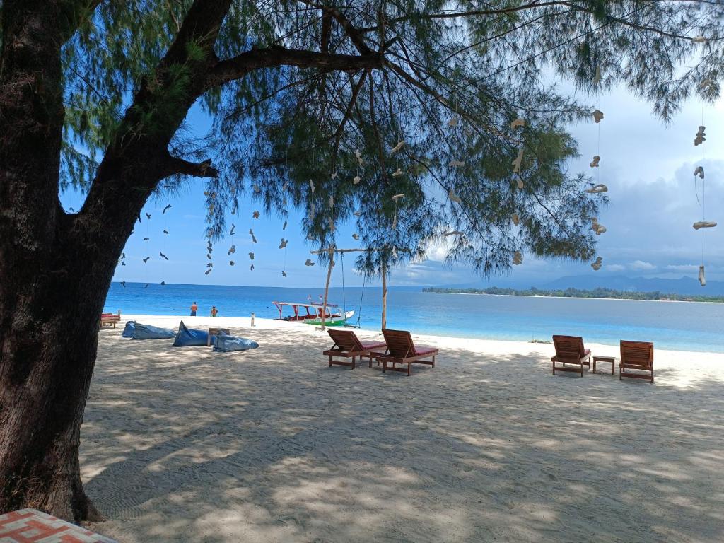 White sandy beach with sun loungers and clear water on Gili Meno